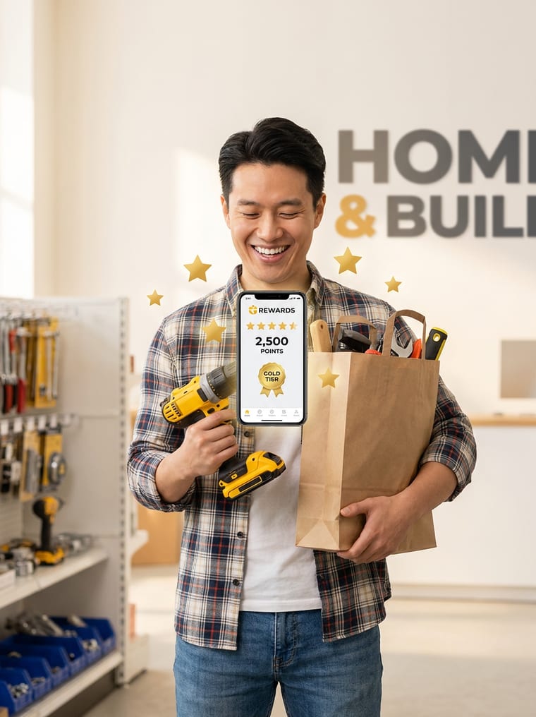 A happy customer holding tools and earning membership reward points