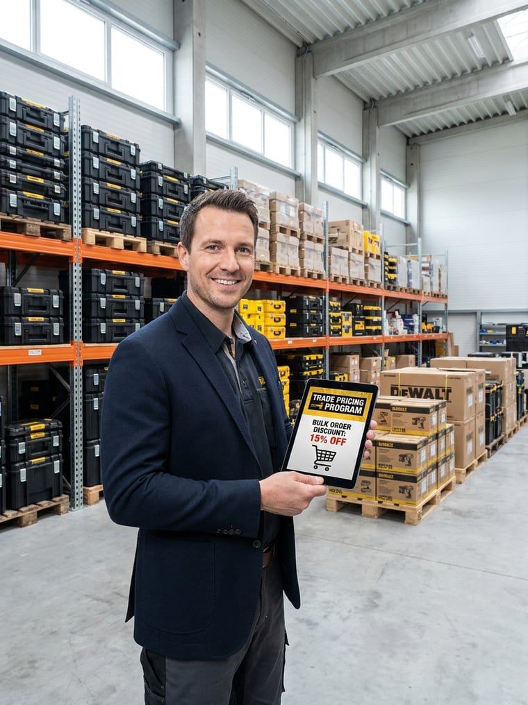 A business owner reviewing a bulk trade order with volume discounts in a warehouse
